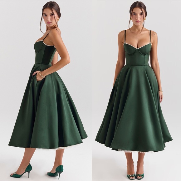 House of CB Dresses & Skirts - House of CB ‘Mademoiselle’ Forest Green Satin Tulle Midi Dress NWOT XS A-C‎